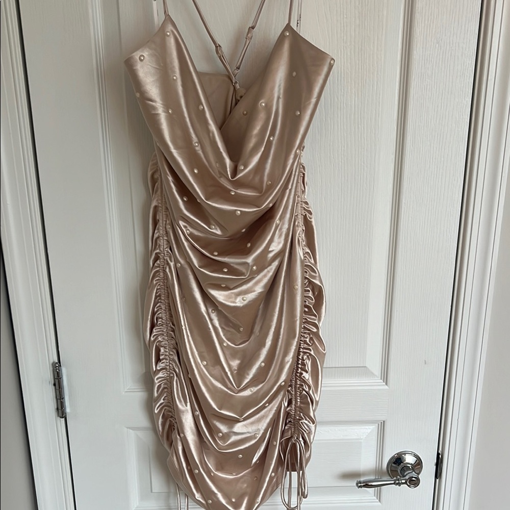 Lulu's Gold Ruched Bodycon Dress with Cowl Neck